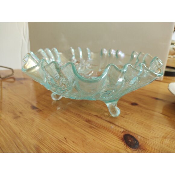 Vintage Imperial Glass Ice Blue 3 Footed Glass Bowl Maker Marked with Iron Cross - Picture 12 of 13